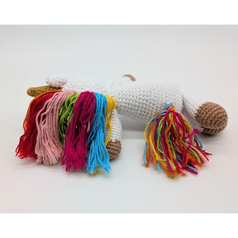 Handmade Crochet Unicorn Plush Stuffed Animal White Rainbow Mane And Tail 8.75